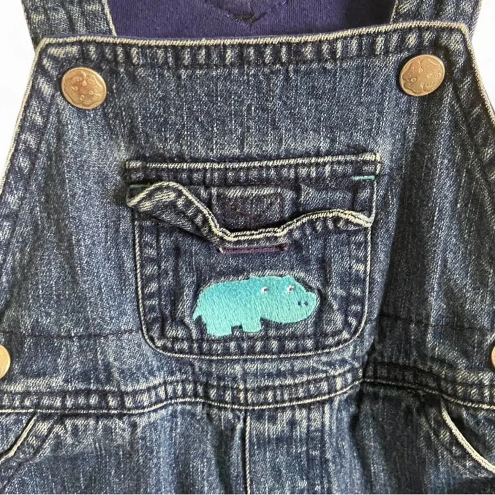 Vintage 80-90s Osh Kosh‎ Blue Animal Embroidered Patch Baby Denim Overalls 3-6M